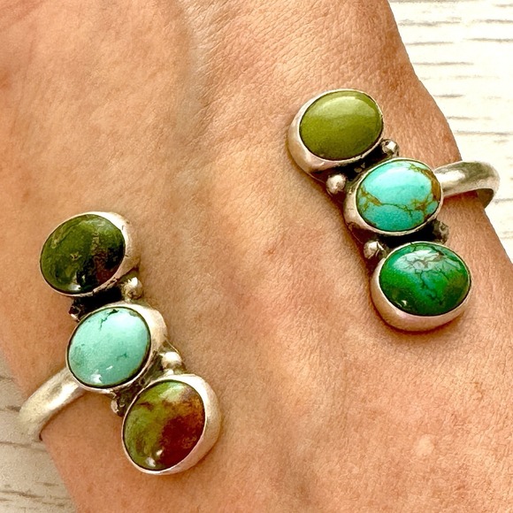 Native American Navajo Indian Turquoise Jewelry Jewelry - Mixed Turquoise Navajo Reverse Cuff Bracelet 6.5in Signed James 14g Sterling USA